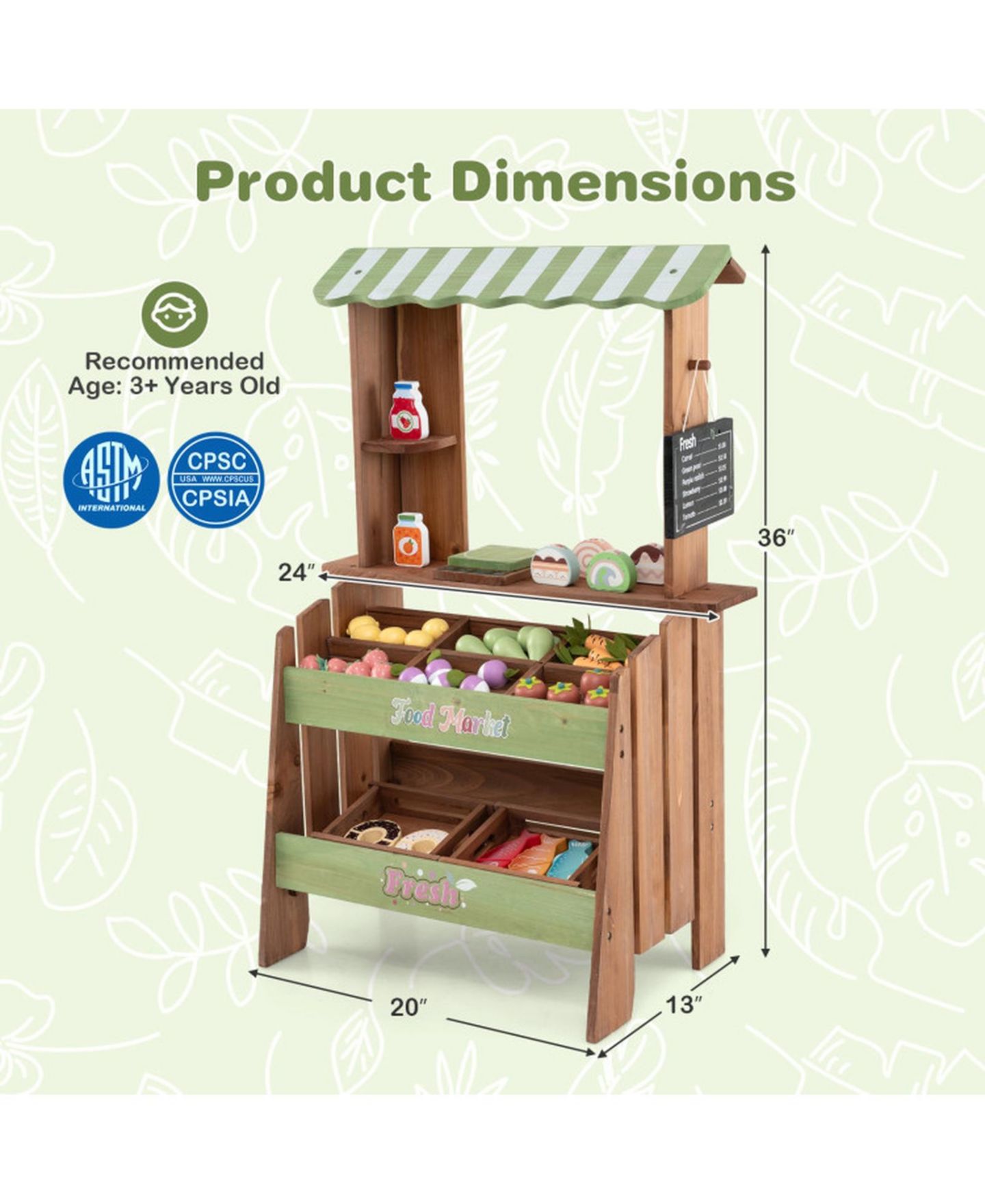 Детский игровой набор HONGGE Wooden Kids Grocery Store Playset with Chalkboard and 43 Pieces, цвет: Коричневый / Зелёный — фото 4