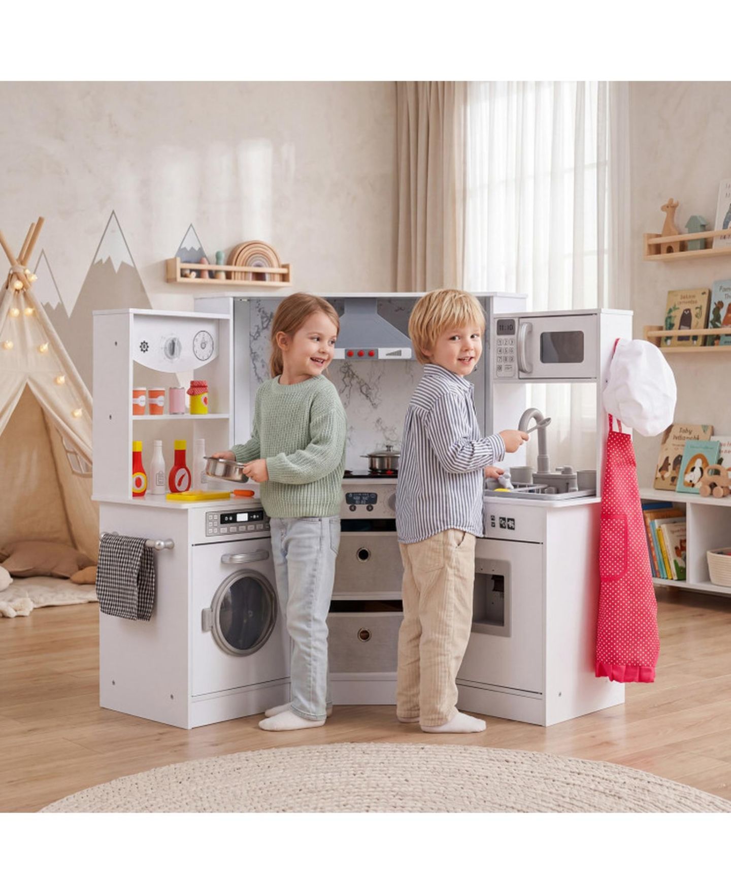 Детская игрушка HONGGE Wooden Kids Play Kitchen with Water Circulation Sink and Sounds, цвет: Серый / Кофейный — фото 2
