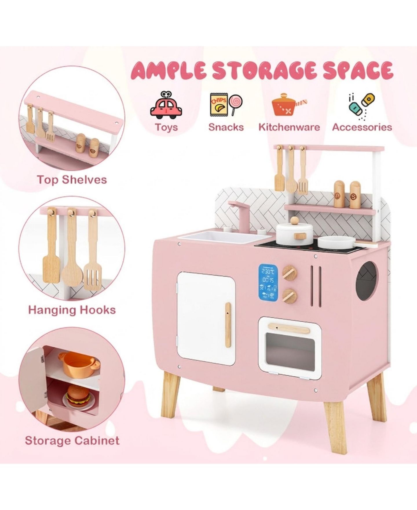 Детские игрушки HONGGE Four-Station Wooden Play Kitchen, 7-Piece Set, Ages 3+, цвет: Розовый / Белый — фото 6