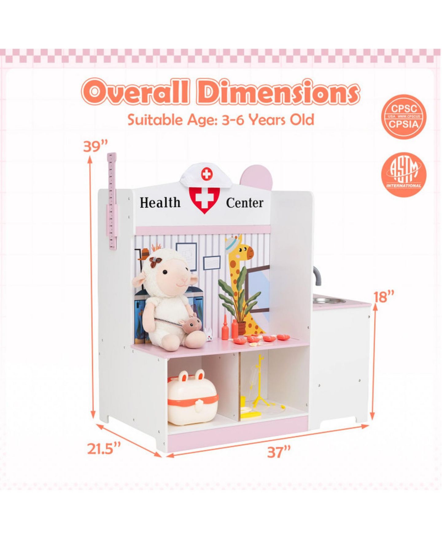 Детские игрушки HONGGE Kids Doctor Adjustable Height Bar Hand Washing Station 27-Piece Play Set, Ages 3+, цвет: Розовый / Белый — фото 3