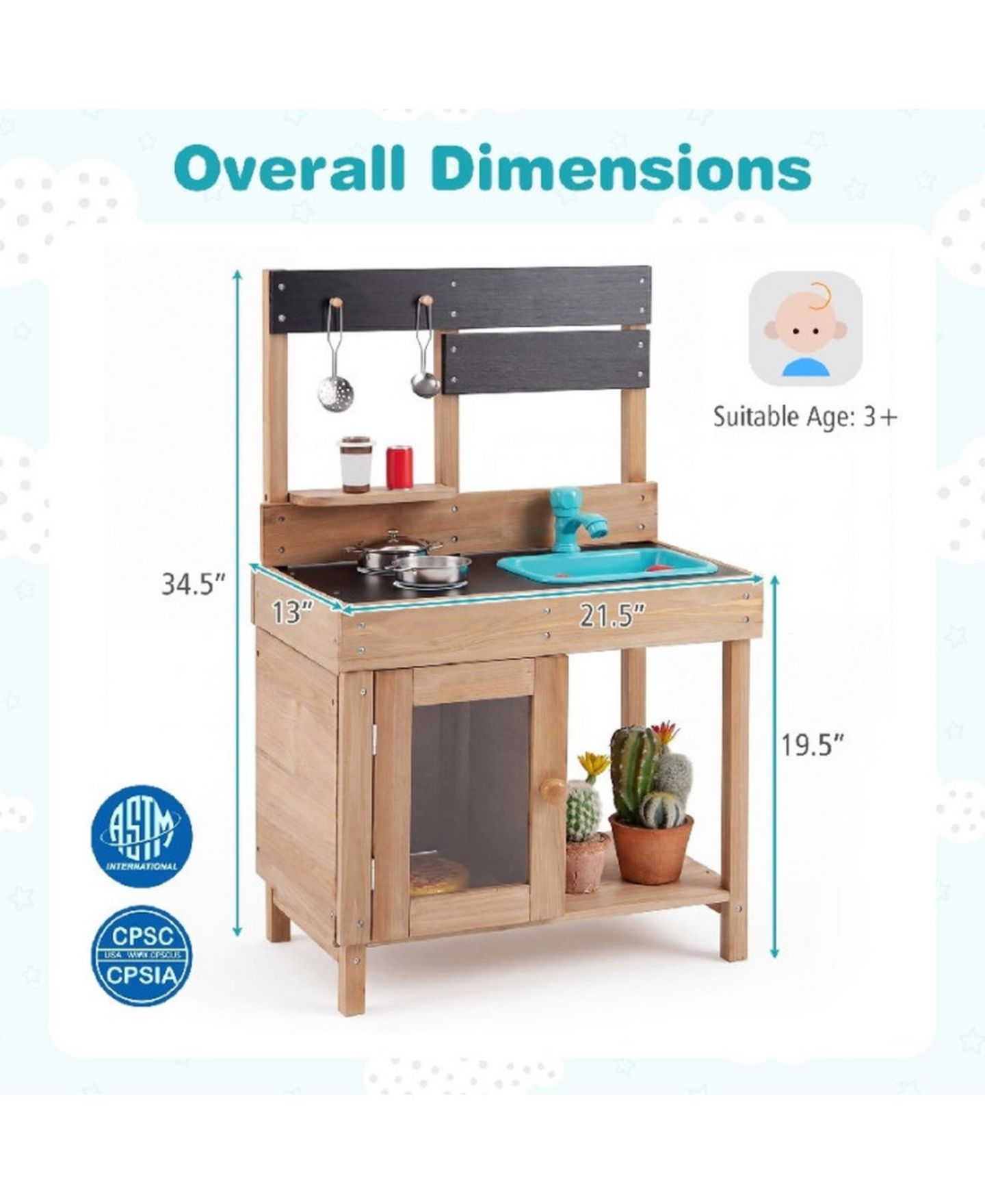 Детские игрушки HONGGE Wooden Circulating Water Faucet 5-Piece Mud Kitchen, Ages 3+, цвет: Коричневый / Чёрный — фото 3