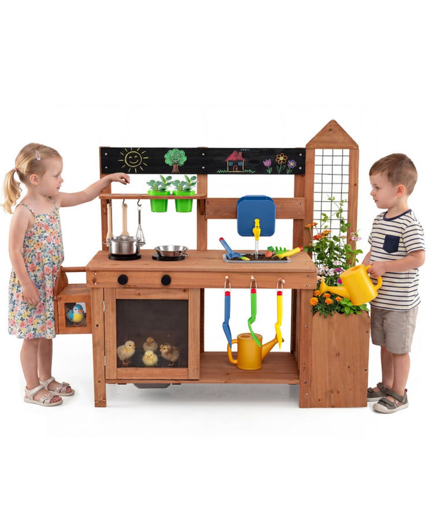 Детская игрушка HONGGE Outdoor Mud Kitchen with Removable Birdcage and Planter Box, Ages 3+, цвет: Тёплый коричневый — фото 2