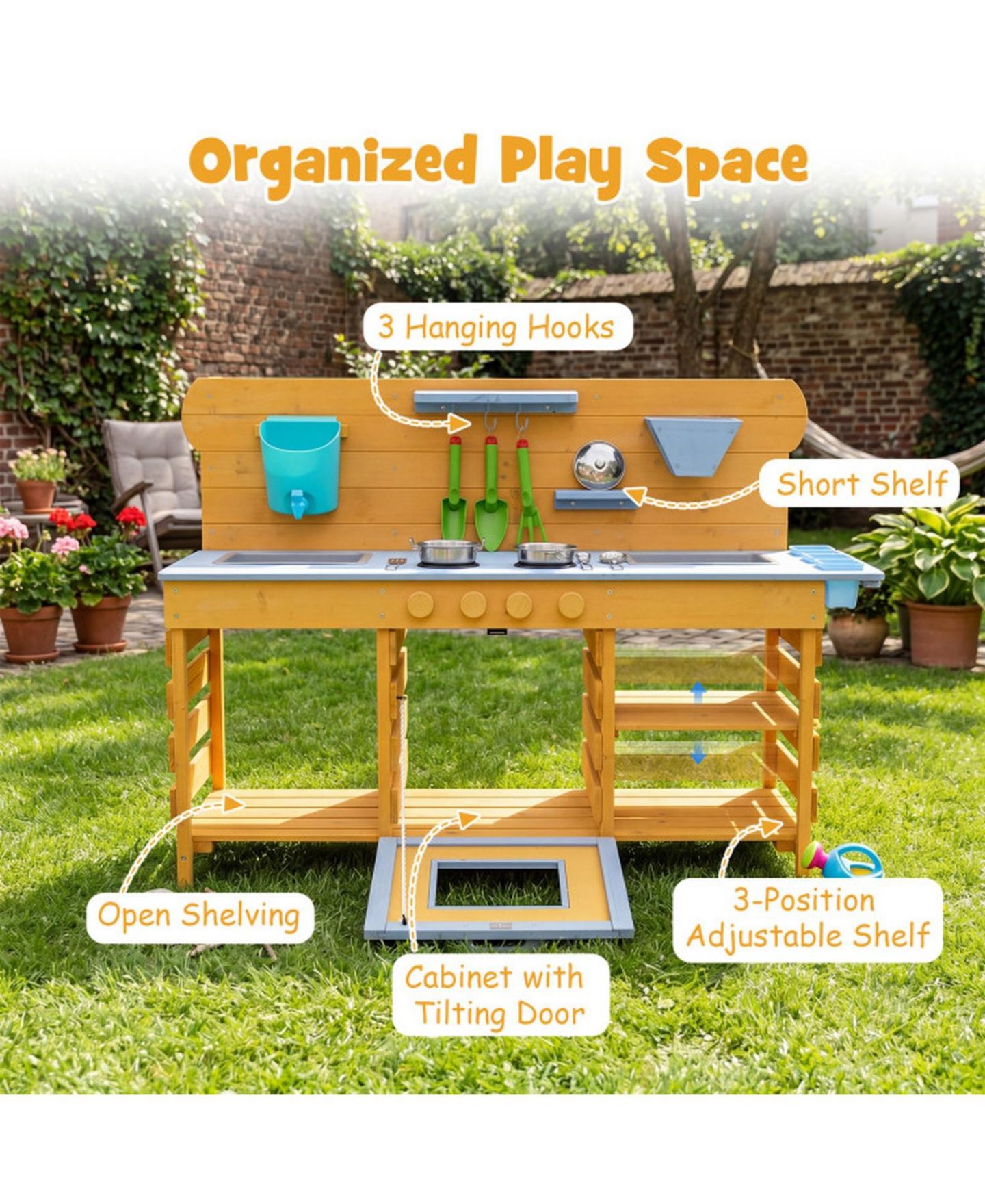 Детские игрушки HONGGE Wooden Mud Kitchen 2-Sink, 4-Stove 14-Piece Play Set, Ages 3+, цвет: Натуральный — фото 8