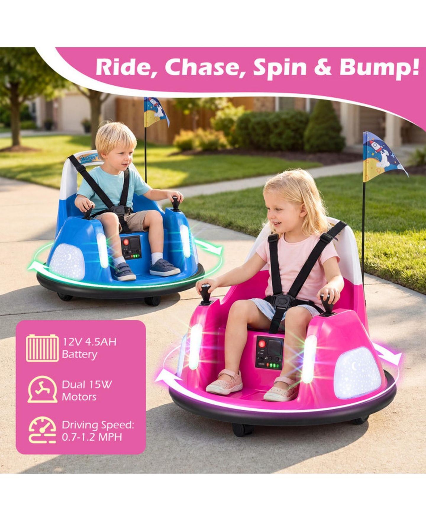 Детская игрушка HONGGE 12V Kids Ride On Bumper Car with Dual Joystick Control and Remote Control, Ages 18 Months+, цвет: Розовый — фото 6