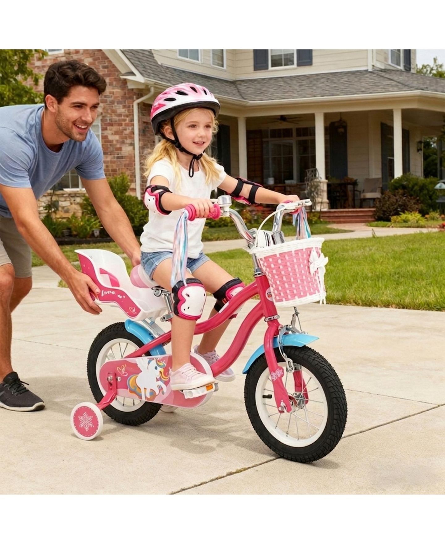 Детская игрушка HONGGE 12-Inch Girls' Bike with Doll Seat, Front Basket and Training Wheels, Ages 3-4, цвет: Розовый — фото 10