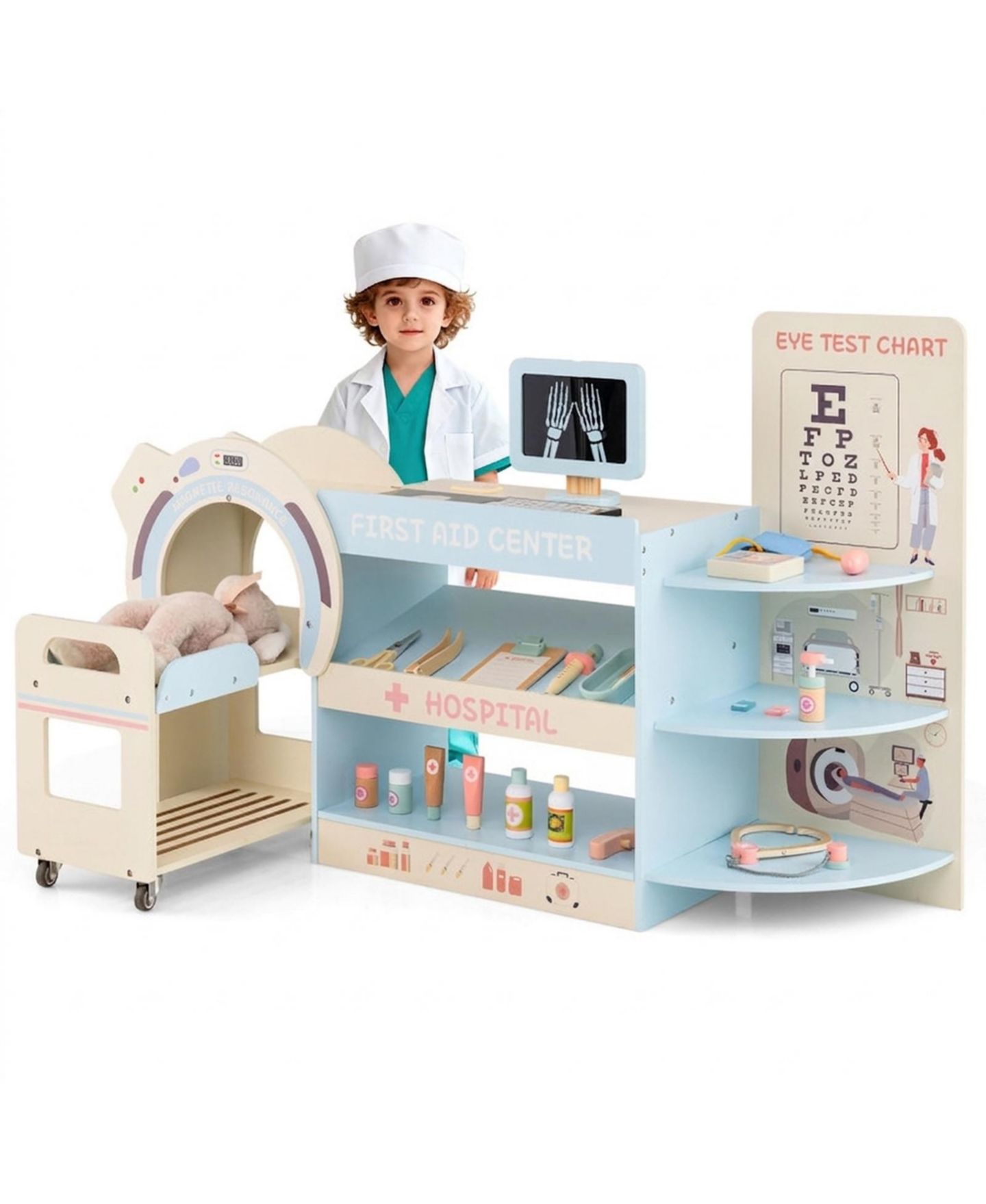 Детский игровой набор HONGGE Kids Wooden Doctor Play Set with Toy CT Machine and Eye Chart Ages 3, цвет: Синий — фото 10