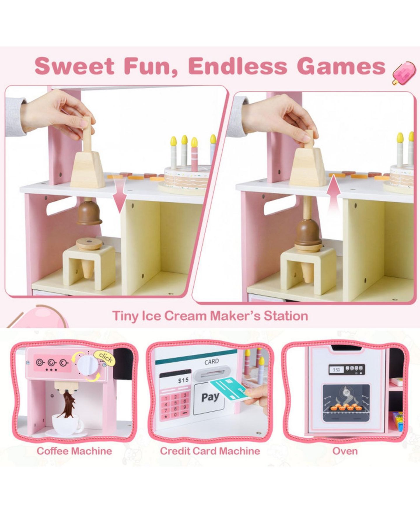 Детский игровой набор HONGGE Ice Cream Shop Rotating Popsicle Rack 27-Piece Playset, Ages 3+, цвет: Розовый — фото 5