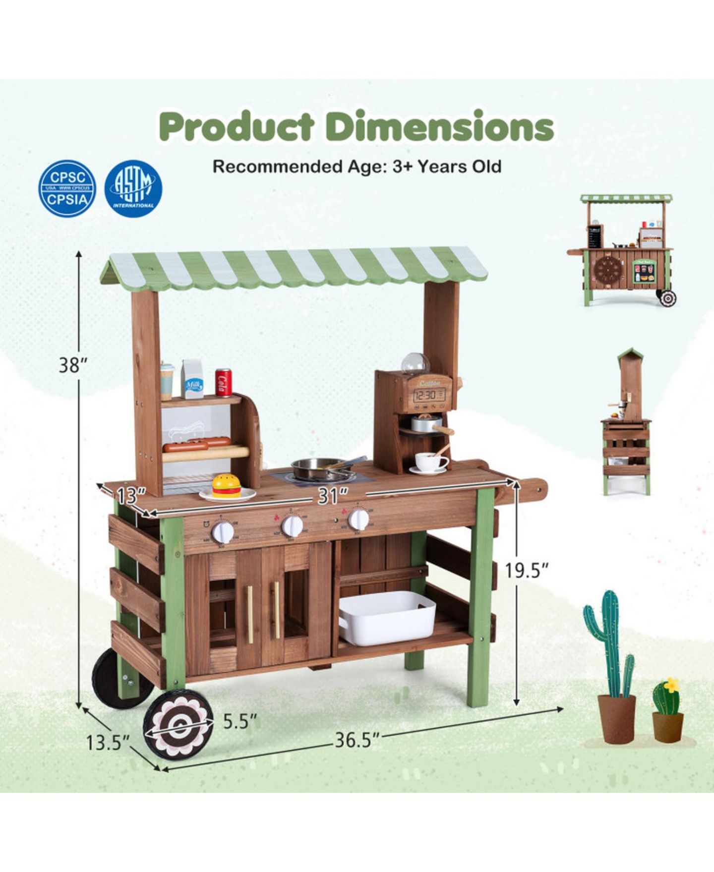 Детский игровой набор HONGGE Grocery Roller Grill and Menu Board Food Cart Playset, Ages 3+, цвет: Коричневый — фото 3