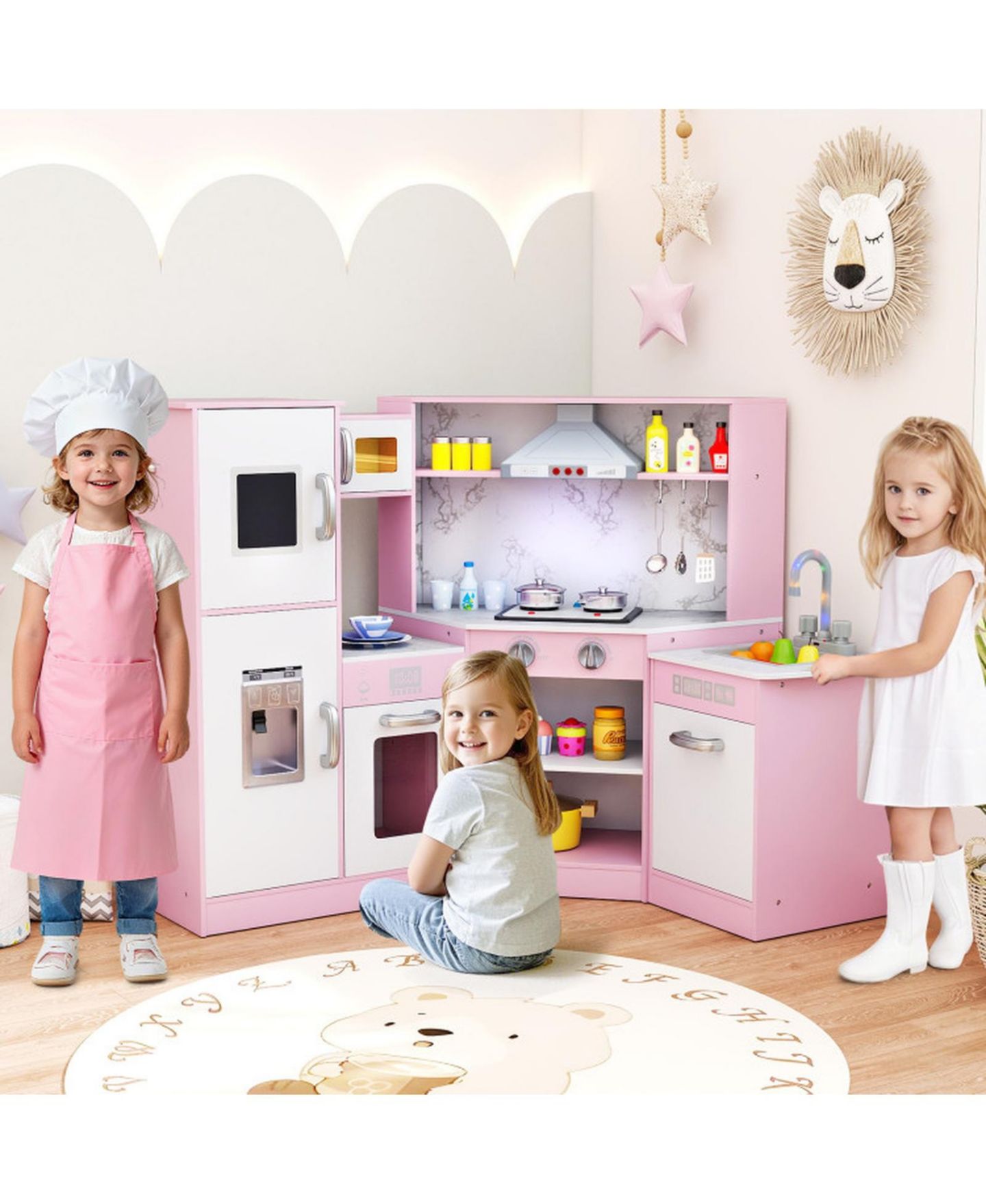 Детский игровой набор HONGGE Kids Corner Play Kitchen Playset with Sensor Faucet and Sound Lights Ages 3, цвет: Розовый — фото 2