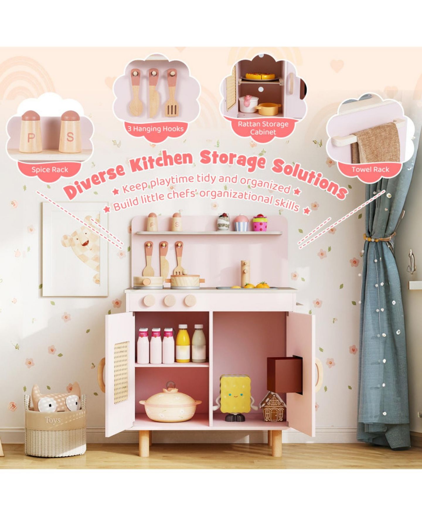 Детский игровой набор HONGGE Kids Wooden Play Kitchen Playset with Working Ice Maker and Sink Ages 3, цвет: Розовый — фото 5