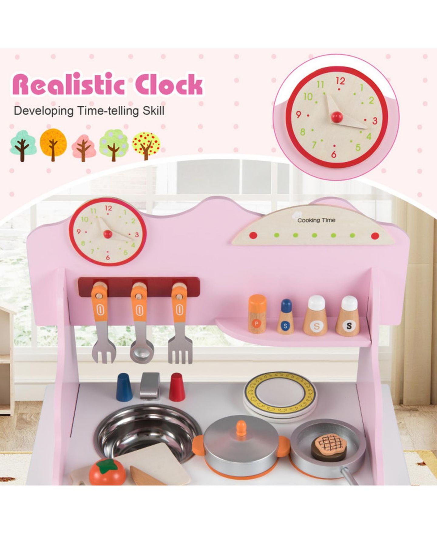 Детские игрушки HONGGE Wooden Double-Burner Play Kitchen with Learning Clock, 12-Piece Set, Ages 3+, цвет: Розовый — фото 5