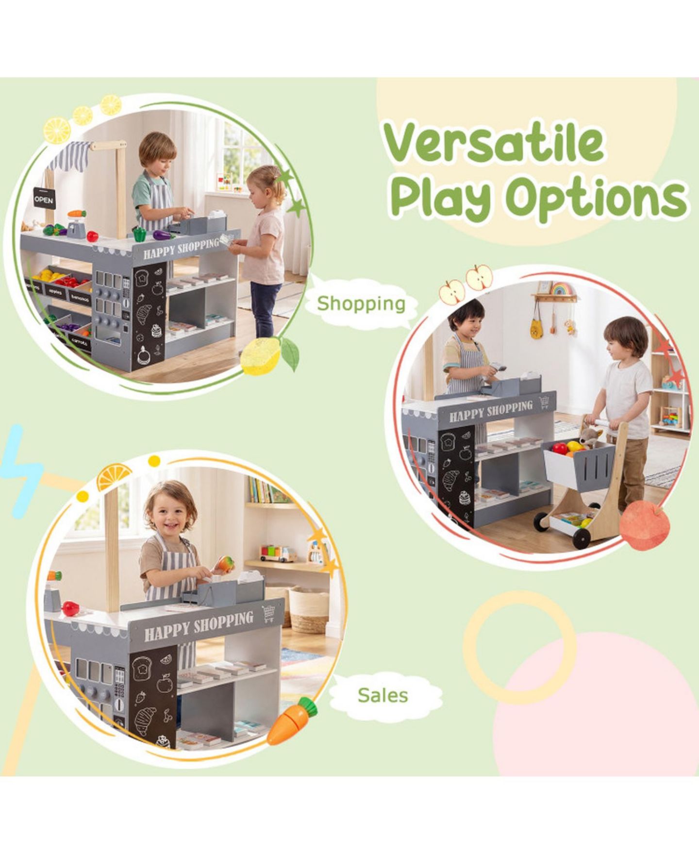 Детский игровой набор HONGGE Kids' Wooden Grocery Store Playset with Shopping Cart and Cash Register, Ages 3+, цвет: Серый — фото 5