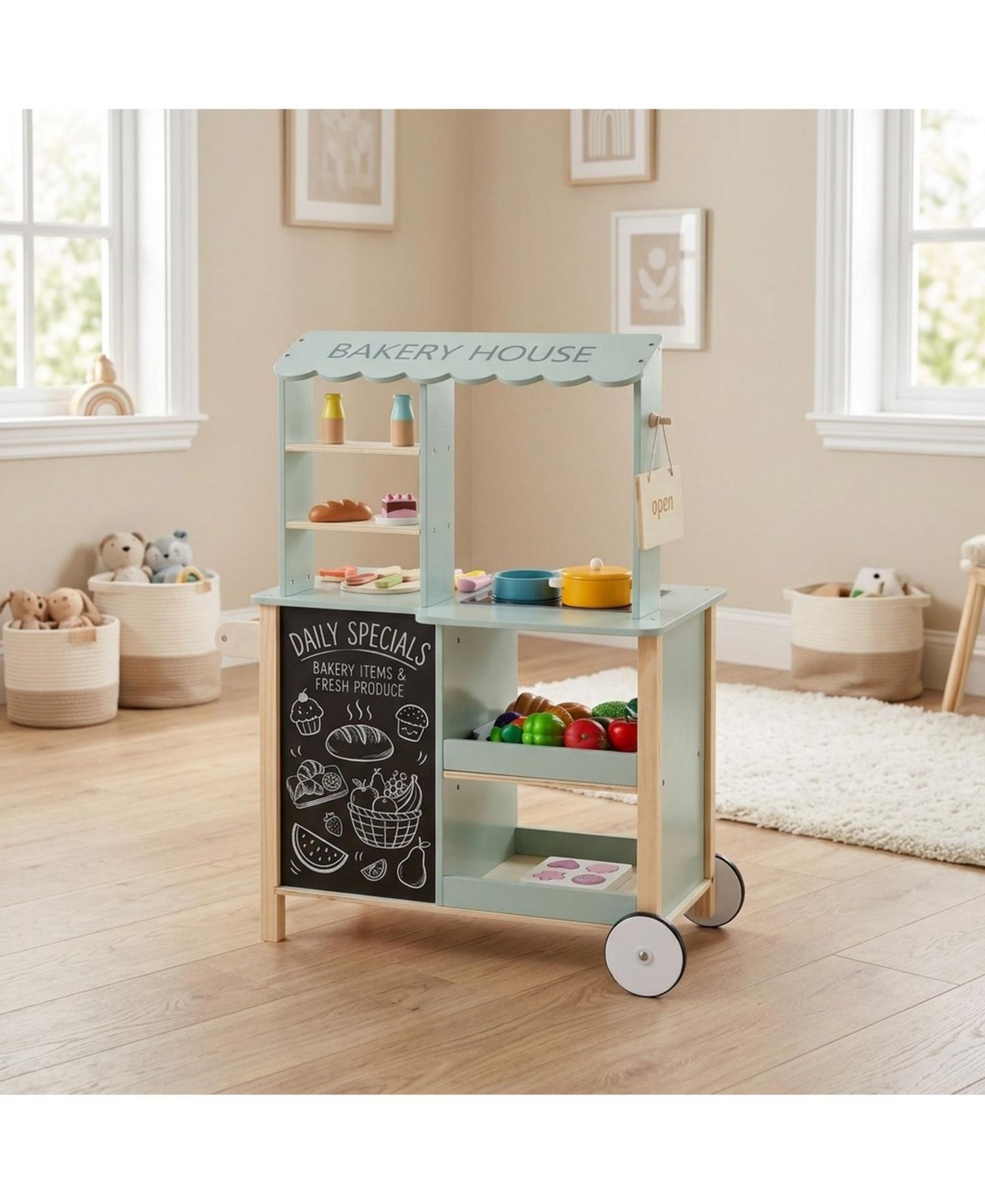 Детская игрушка HONGGE Wooden Play Kitchen with Rolling Wheels, Ages 3+, цвет: Зелёный — фото 4