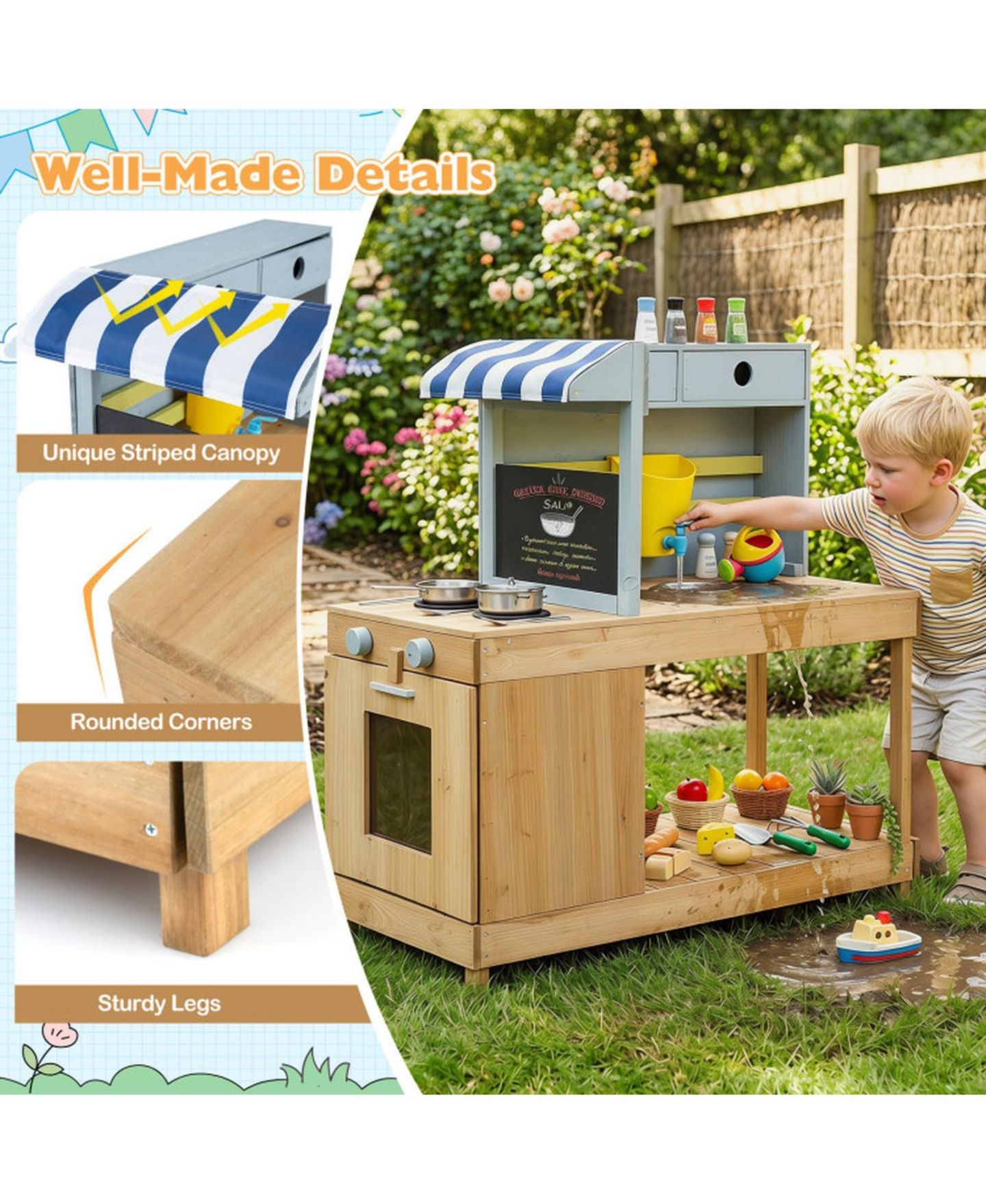 Детские игрушки HONGGE Canopy Mud Kitchen with Water Tank and Faucet, Ages 3+, цвет: Натуральный — фото 8