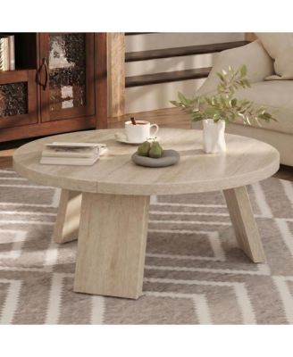 Round Coffee Table 33.5 Inch Mid Century Wood Circle Center Table with Wood Legs Minimalist for Living Room Apartment Small Space