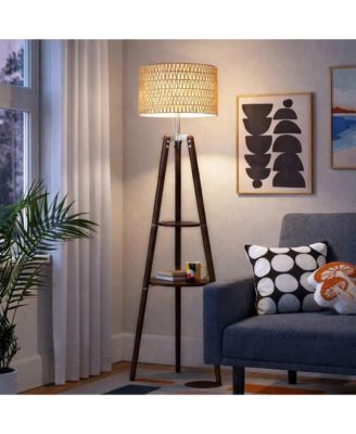 Modern Tripod Floor Lamp with Natural Rattan Shade & Storage Shelf