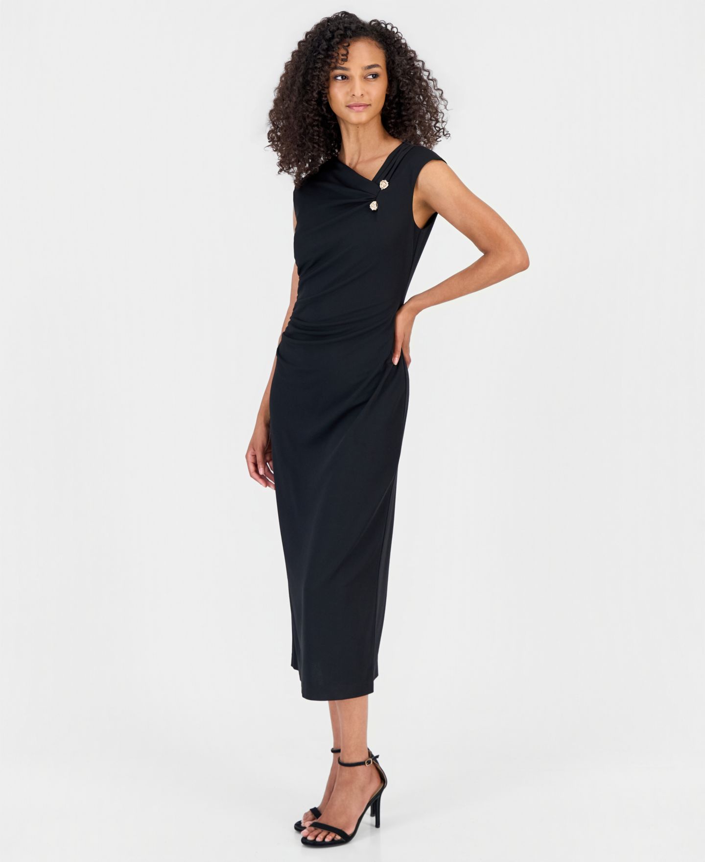 Женское платье Anne Klein Asymmetric-Draped Cowl-Neck Midi, цвет: Чёрный — фото 3