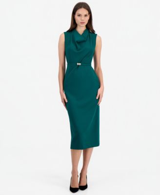 Women's Cowl Neck Belted Midi Dress