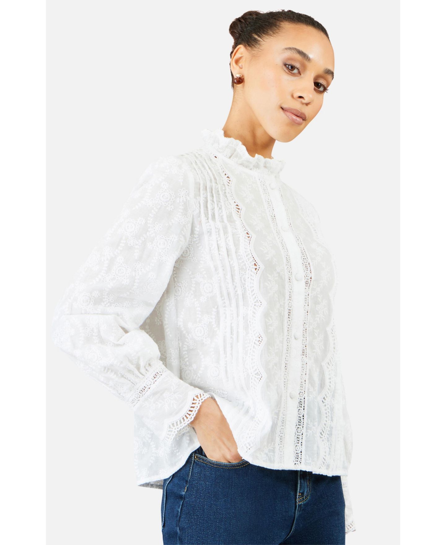 Женская блузка Yumi Long-Sleeve Lace-Detail Cotton, цвет: Белый — фото 6