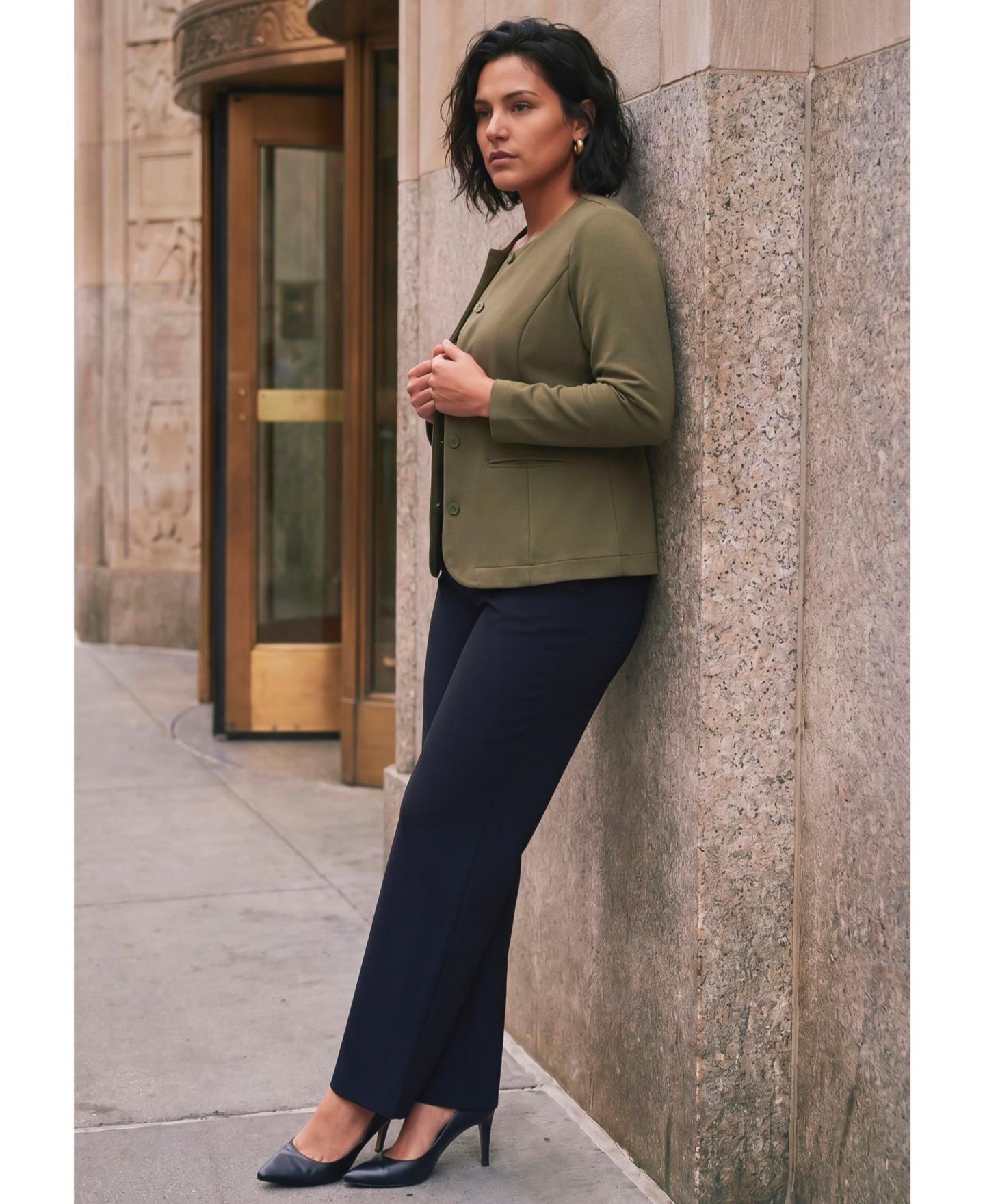 Женский пиджак AVENUE Plus Size Ponte Button Scoop-Neck Blazer, цвет: Оливковый зелёный — фото 2