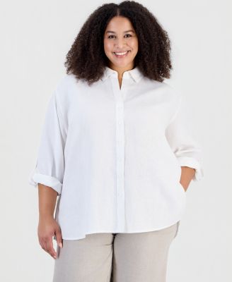 Plus Size Linen Roll-Tab Sleeve Button-Front Tunic