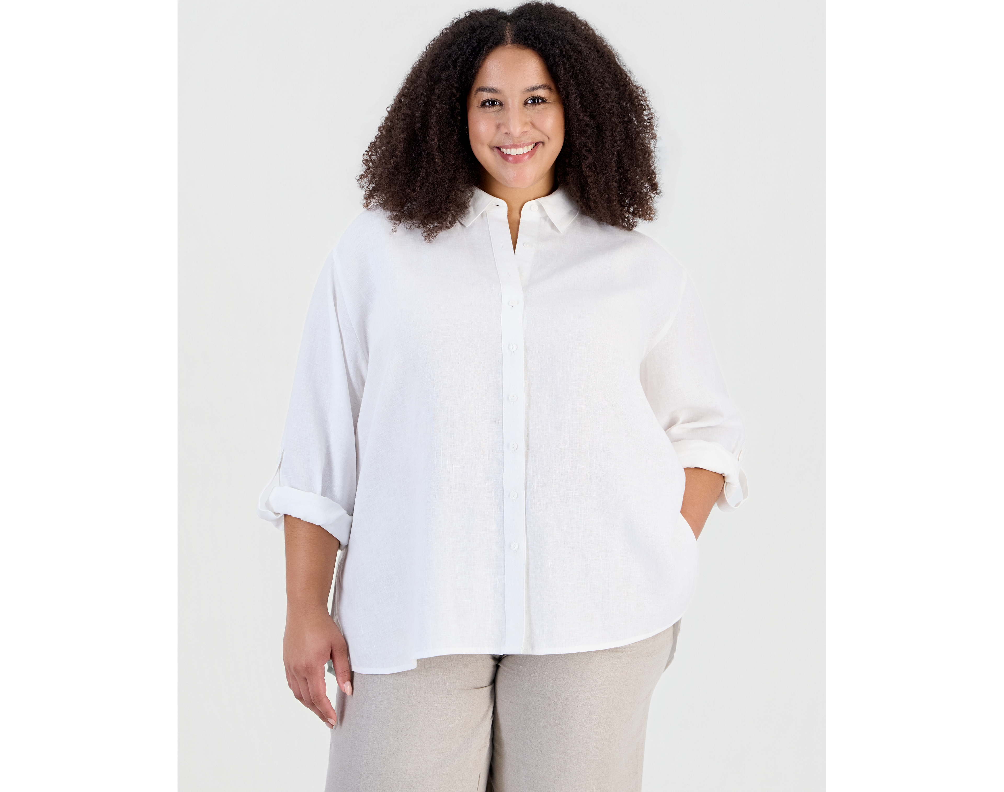 Charter Club Plus Linen Roll-Tab Sleeve Button-Front Tunic, Macy's Exclusive