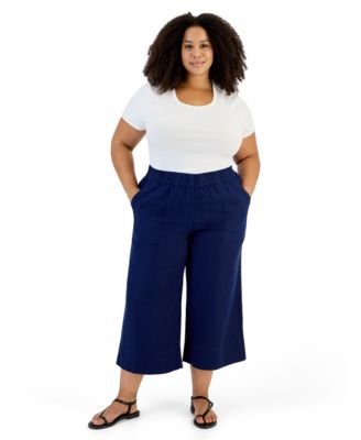 Plus Size Wide-Leg Cropped Linen Pants