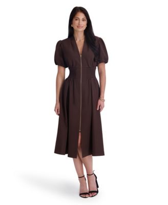 Women's Puff-Sleeve Smocked-Waist A-Line Midi Dress