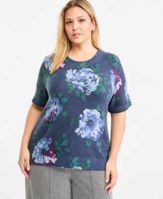 Plus Size Short-Sleeve Floral-Print Pullover Sweater