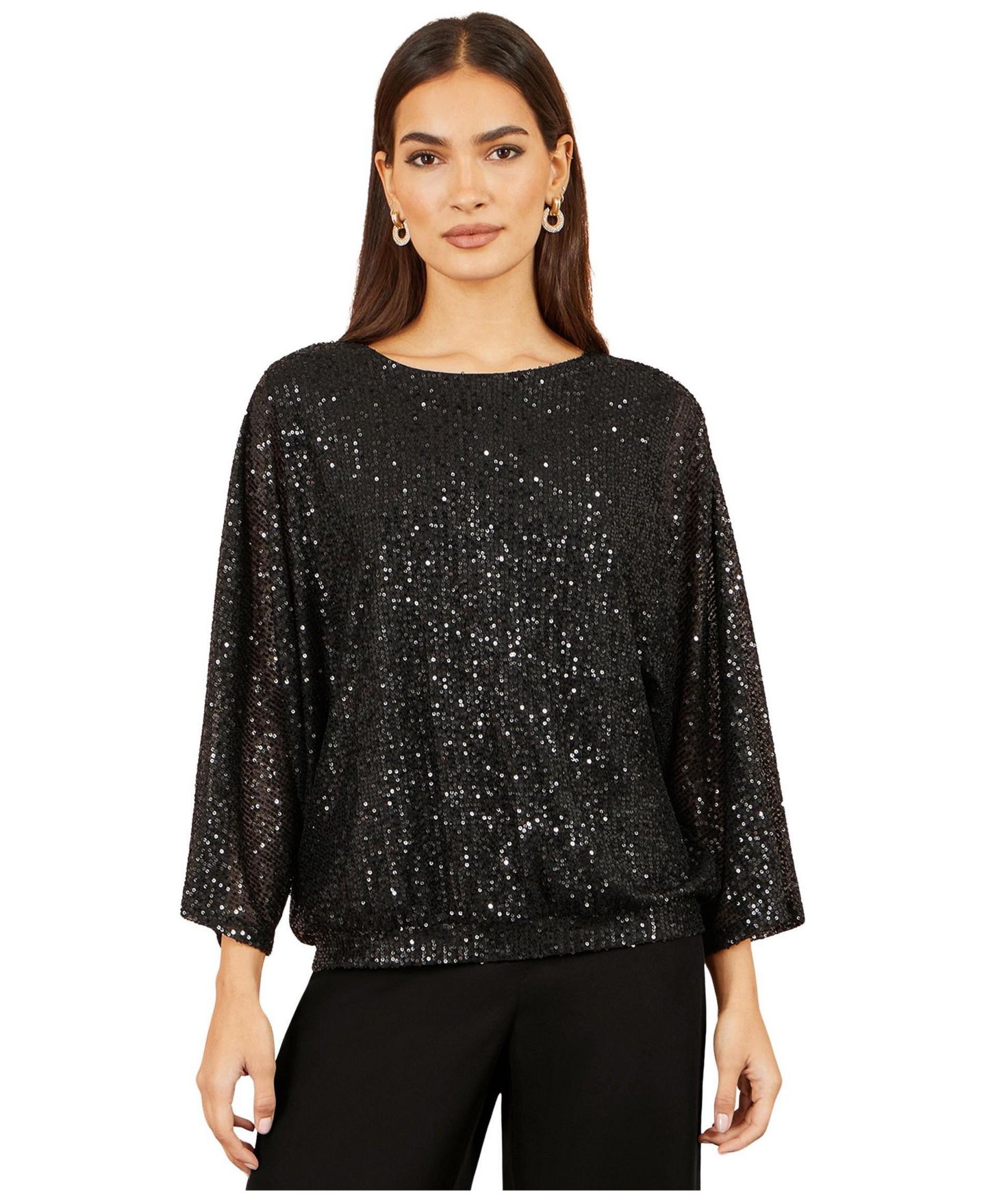 Женский топ Yumi All-Over Sequin Batwing Sleeves, цвет: Чёрный — фото 1