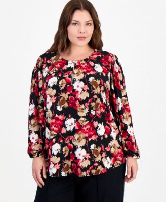 Plus Size Long-Sleeve V-Neck Floral Blouse
