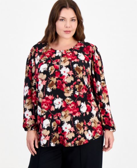 Женская блузка Anne Klein Essentials Plus Size Long-Sleeve V-Neck Floral, цвет: Чёрный разноцветный
