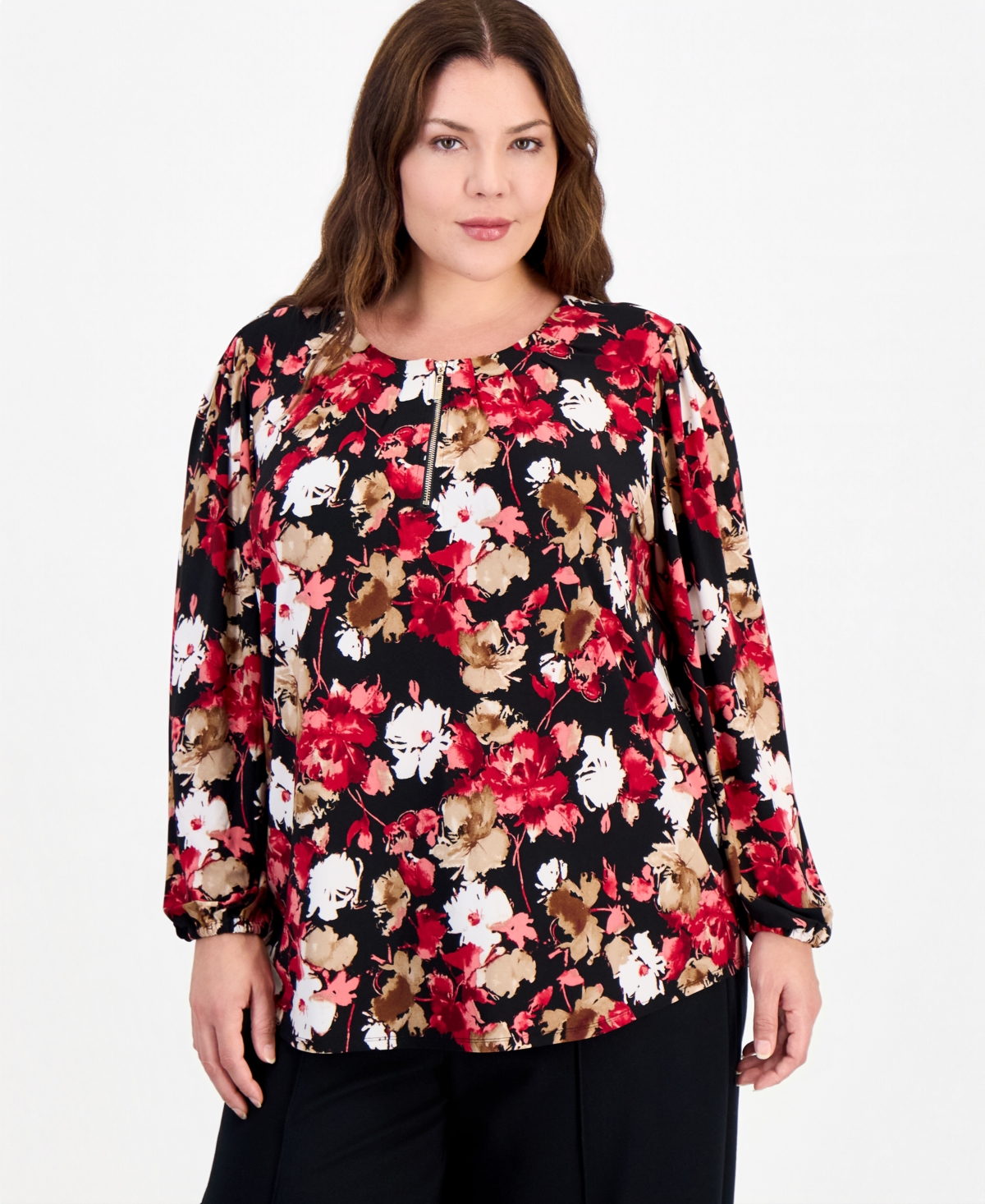 Anne Klein Essentials Plus Size Long-Sleeve V-Neck Floral Blouse - Anne Black Multi