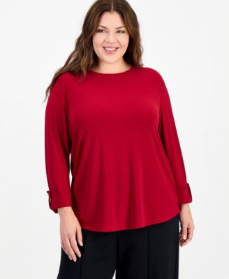 Plus Size 3/4-Sleeve Scoop Neck Roll-Cuff Top