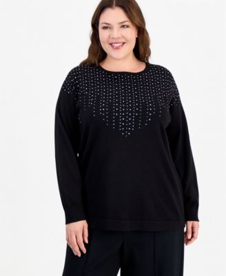 Plus Size Long-Sleeve Boat Neck Embellished Sweater
