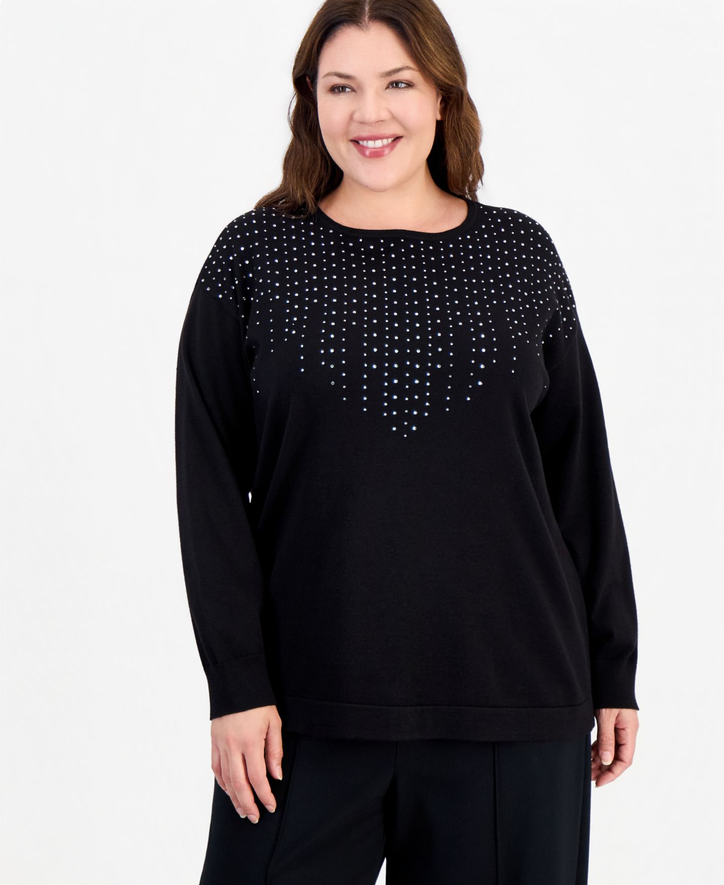 Женский свитер Anne Klein Essentials Plus Size Long-Sleeve Boat Neck Embellished, цвет: Чёрный — фото 1
