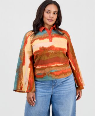 Plus Size Long-Flare-Sleeve Knit-to-Woven Polo Shirt