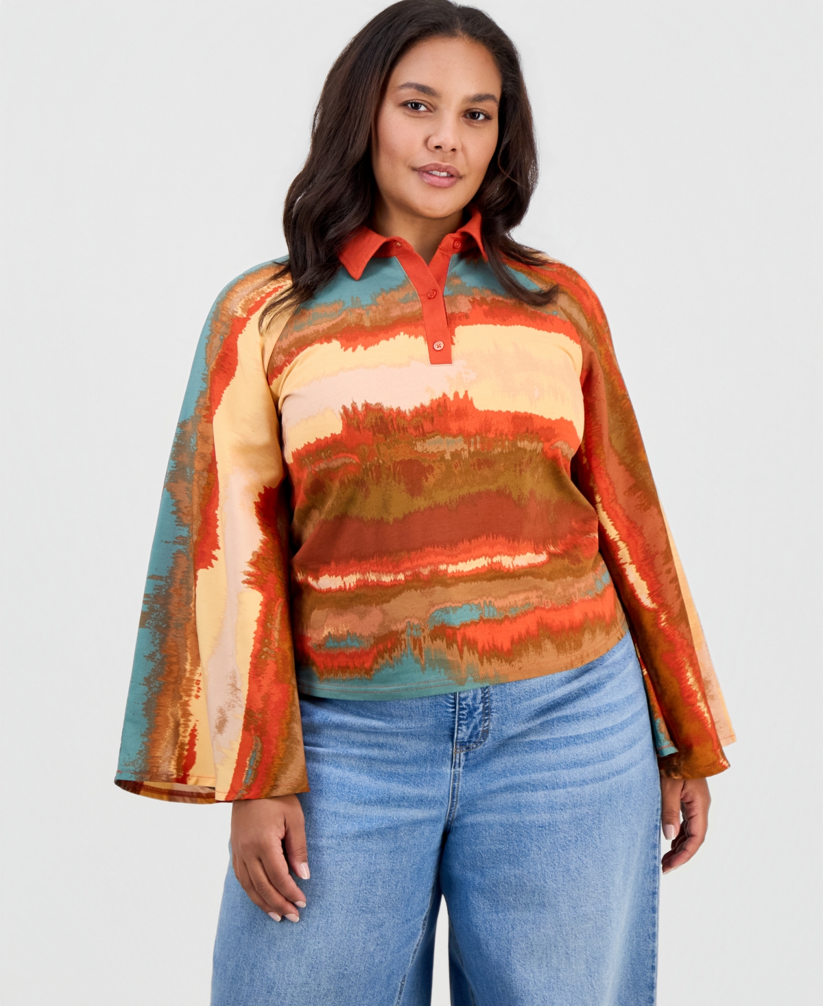 Full Circle Trends Plus Long-Flare-Sleeve Knit-to-Woven Polo Shirt