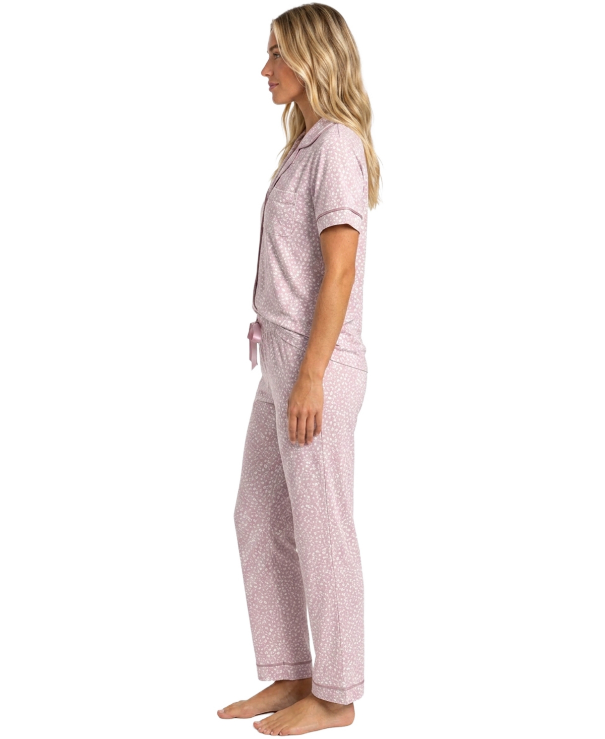 Roudelain Women's Long-Sleeve Satin Piping Top & Drawstring Pants, 2-Piece Pajama Set