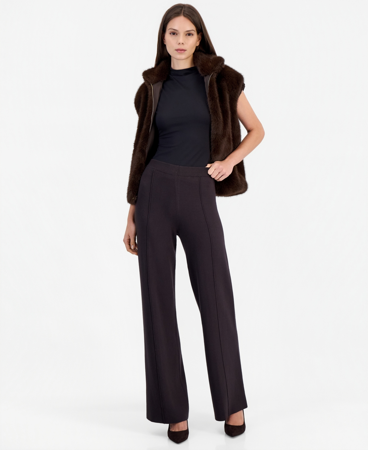 Tahari Asl Women's Sweater Knit Wide-Leg Pull-On Pants - Espresso