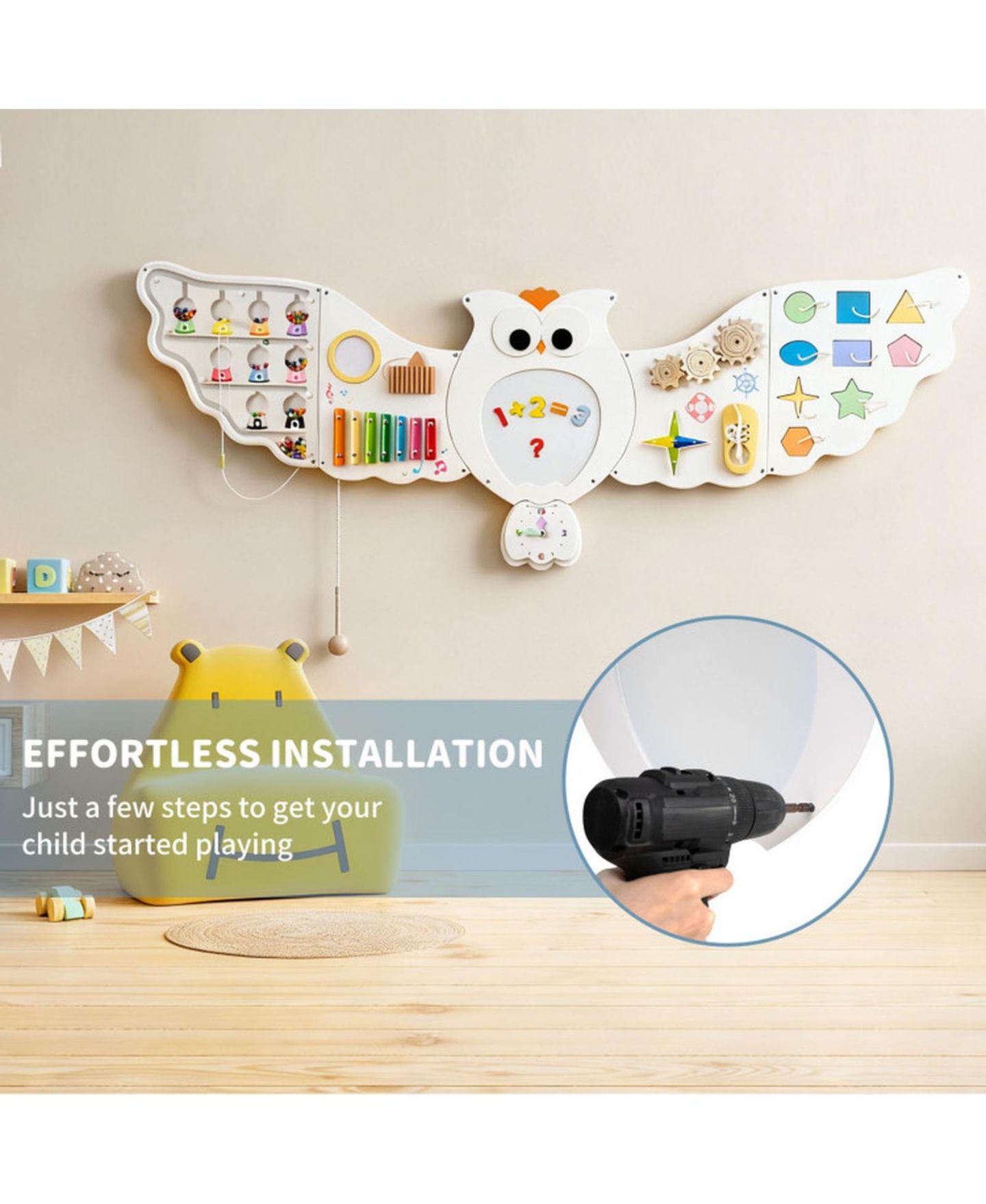 Детская игрушка HONGGE 11-in-1 Owl Busy Board Fine Motor Skills Stem Learning Activity Center, Ages 3+, цвет: Белый — фото 9