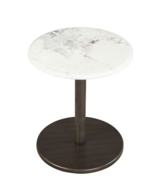 Round Marble Side Table Pedestal End Table with Stone Finish and Solid Wood Support