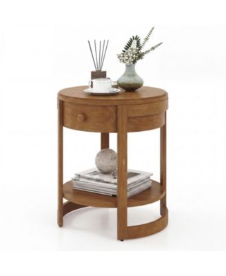 2-Tier Round End Table Mid-Century Modern Nightstand with Drawer and Shelf