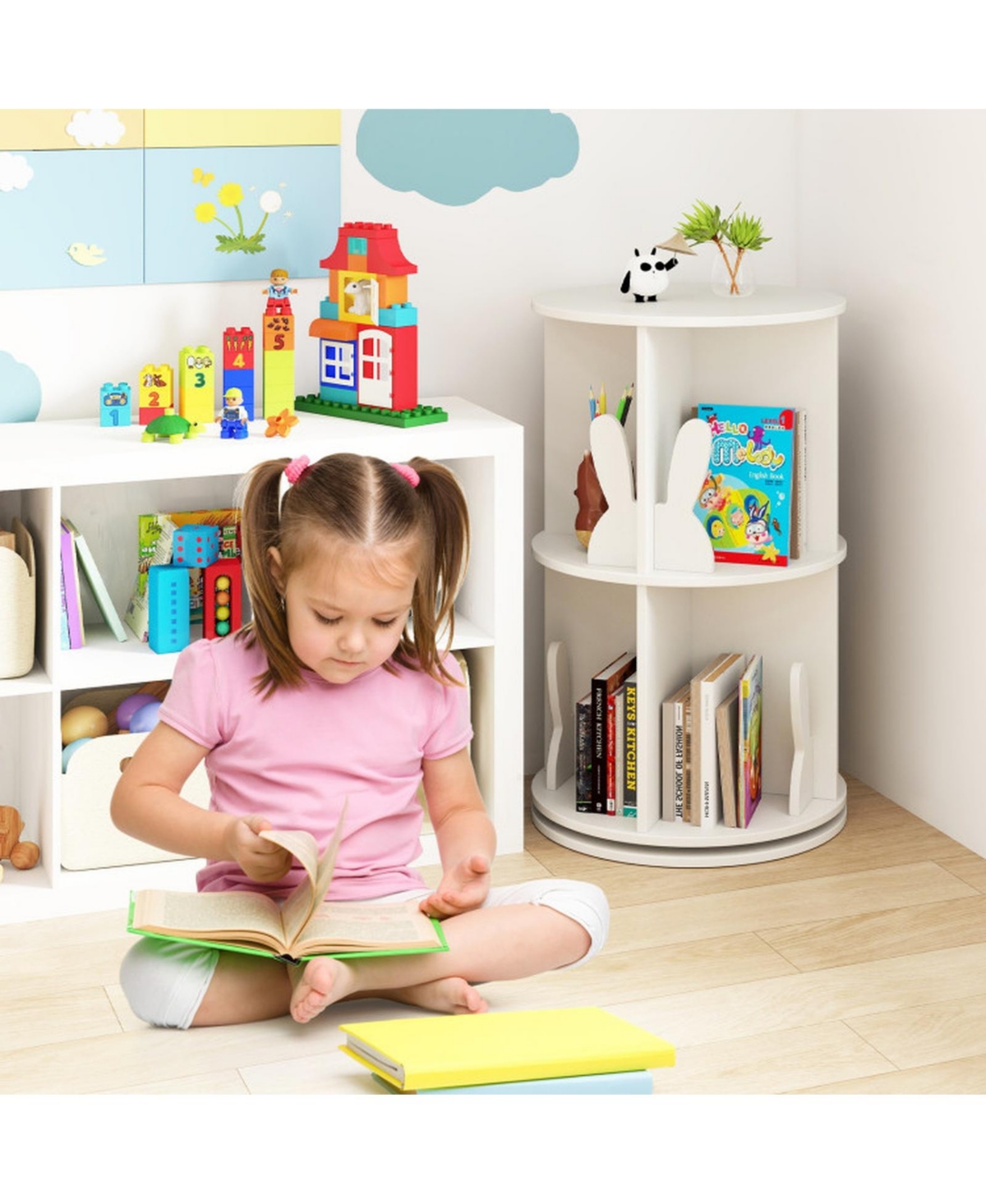 Sugift 2-Tier Freestanding Kids Rotating Bookshelf Storage Rack with Bunny Baffles