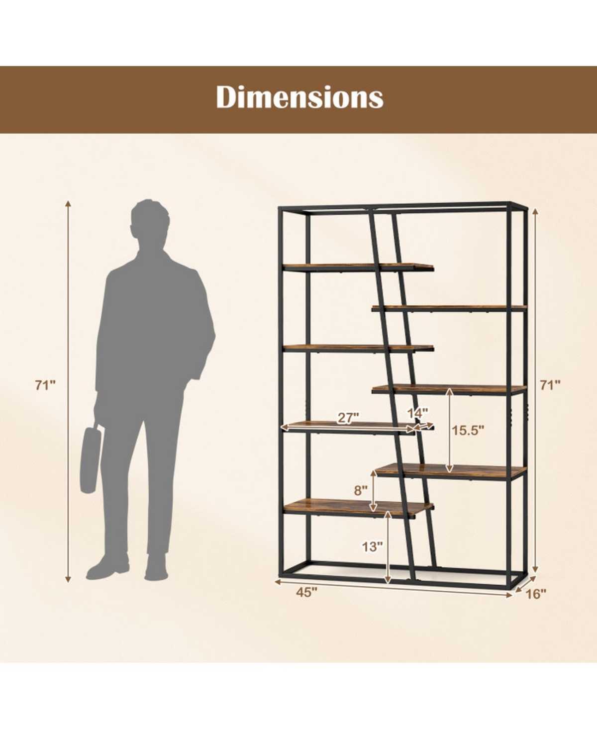 Sugift 71-Inch 7-Tier Industrial Etagere Bookcase with Heavy-Duty Metal Frame