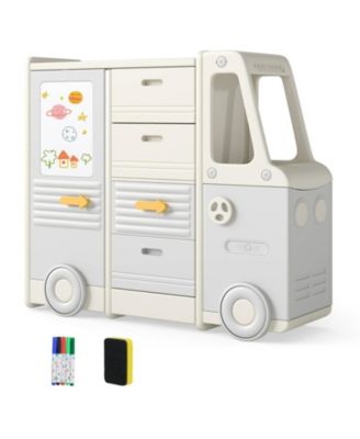 Kids Bus-Shaped Toy Storage Organizer Children Cabinet with 4 Pull-out Drawers and Whiteboard