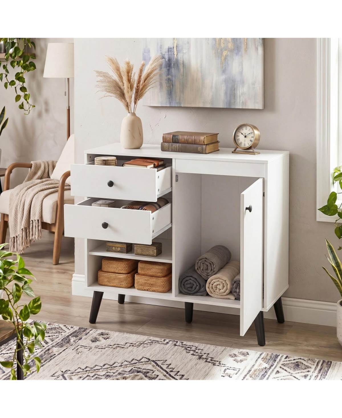 Sugift 31 Inch Sideboard Cabinet with 2 Open Compartments 2 Drawers and Single-Door Cabinet