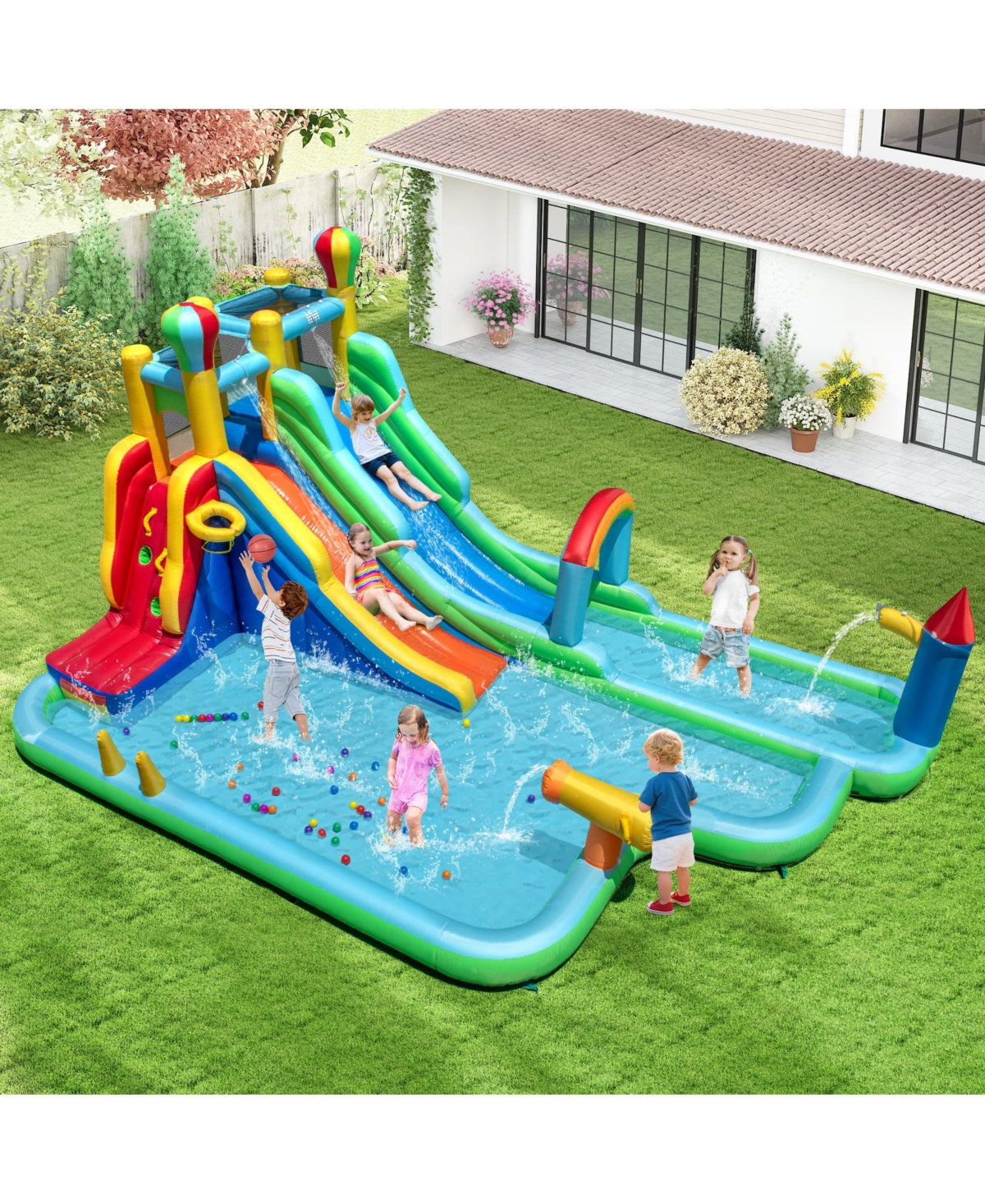 Gymax Inflatable Water Park with Climbing Wall Basketball Rim Splash Pool Blower Excluded