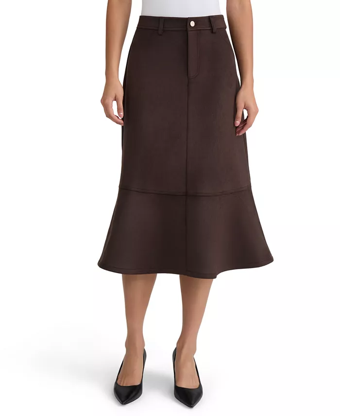 Women's High-Waisted Flare-Seamed Scuba Suede Midi Skirt