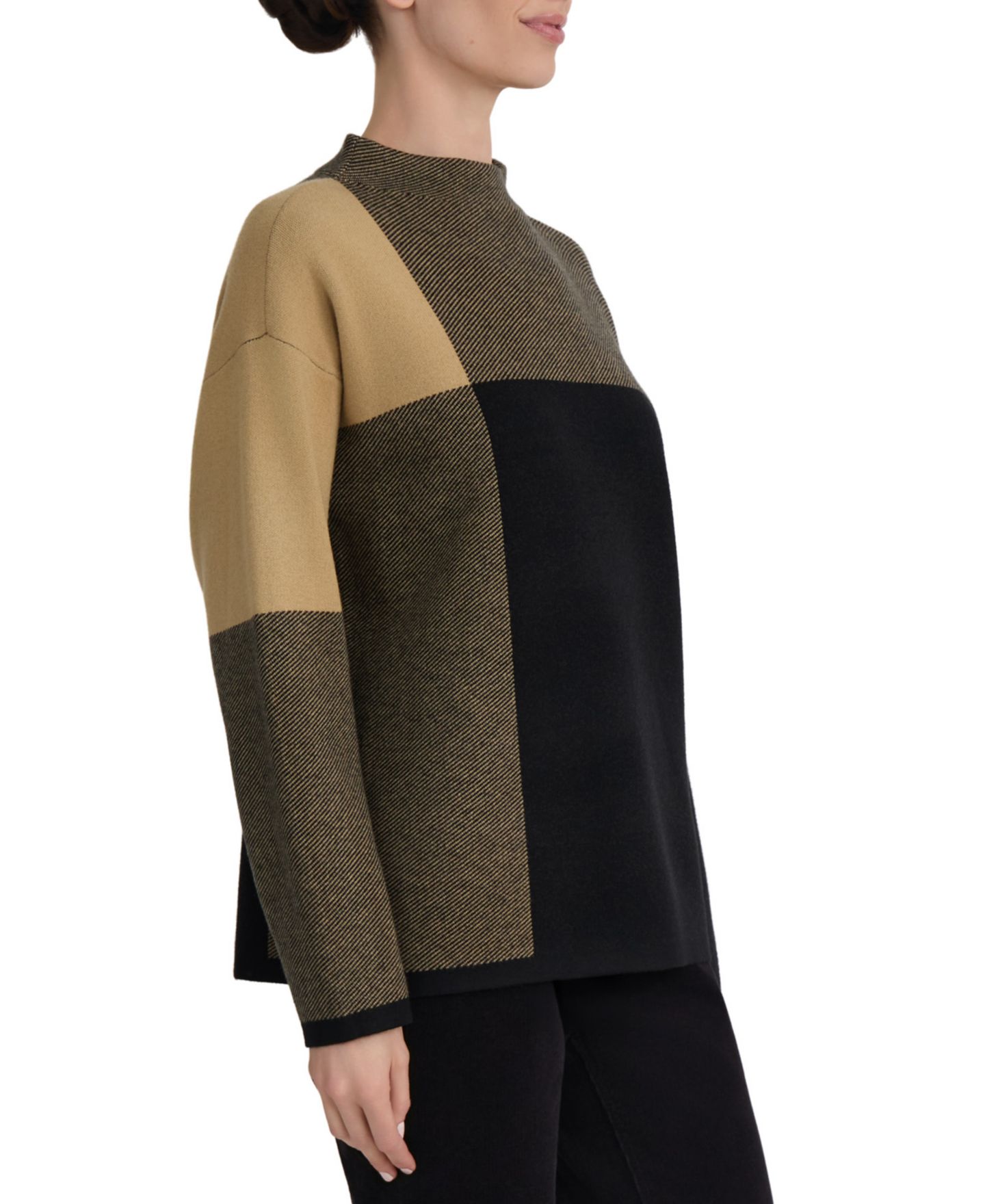 Женский свитер Jones New York Mock Neck Jacquard Colorblock, цвет: Натуральный карамельный — фото 2